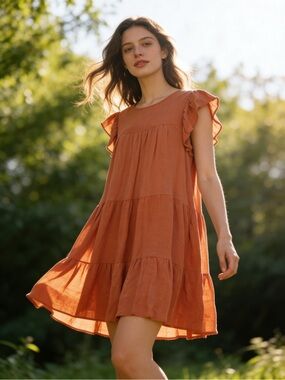 Altar’d State Theodora Peach Tiered Ruffle Sleeve Mini Dress XS